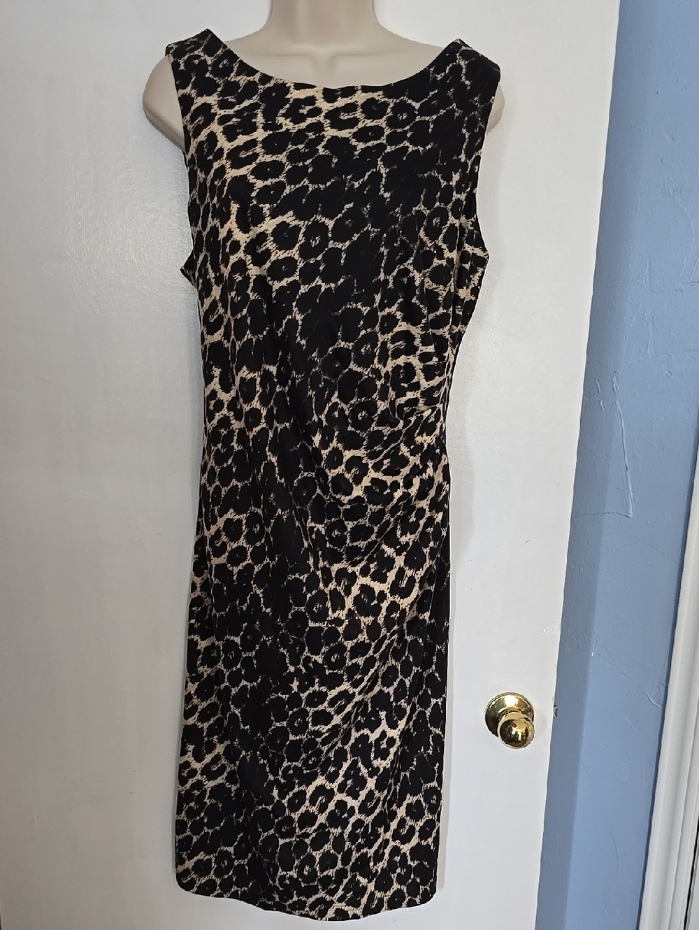 F&F Black & Cream Leopard Print Midi Dress European Size 20 Left Pleats At Waist